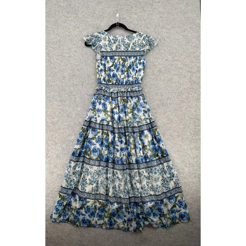NWT Moon River Blue Floral Smocked Maxi Dress Size X-Small